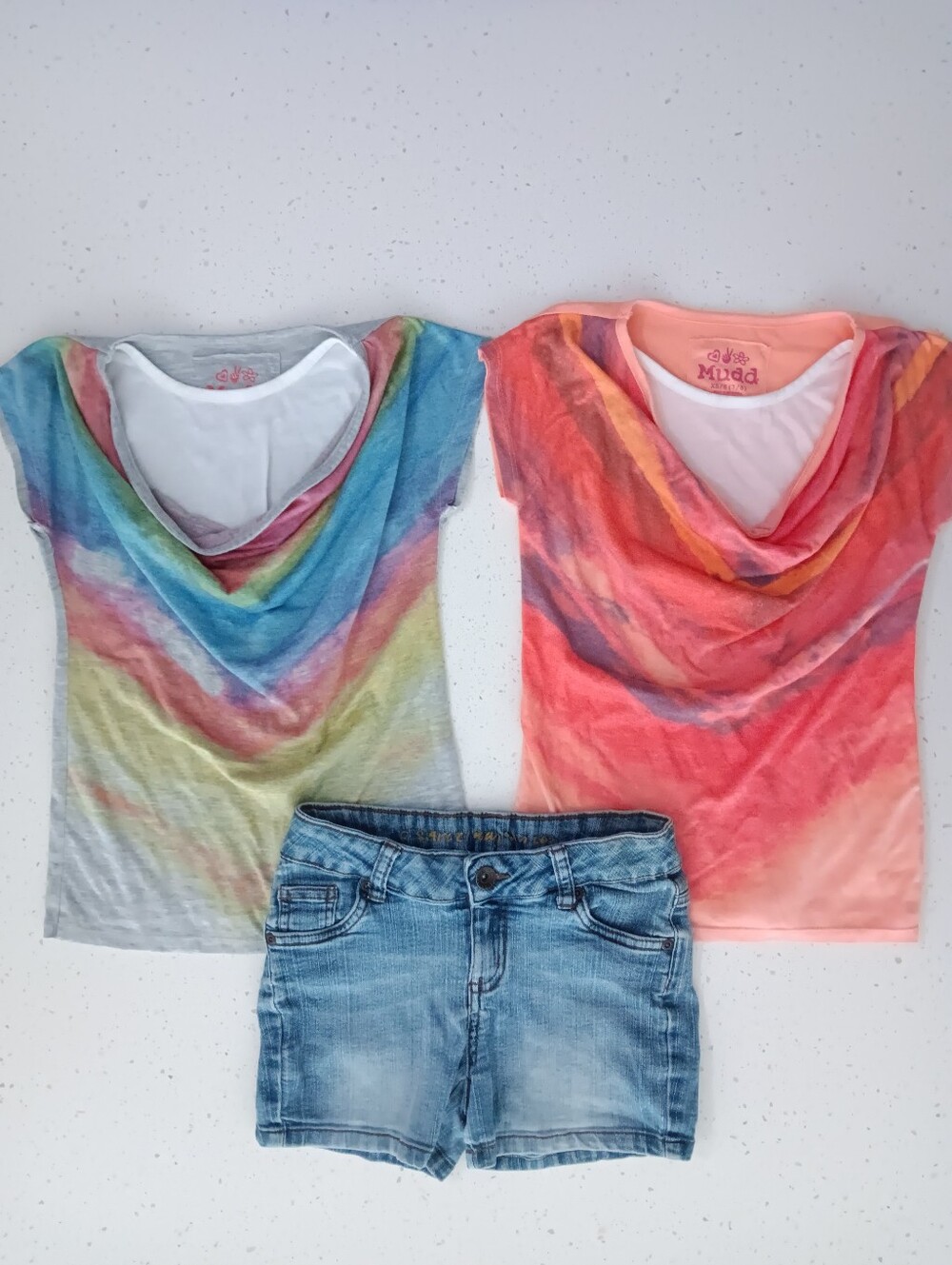 Girls' Colorful Short Sleeve Tops And Light Blue Denim Shorts Set Of 3 Size 8